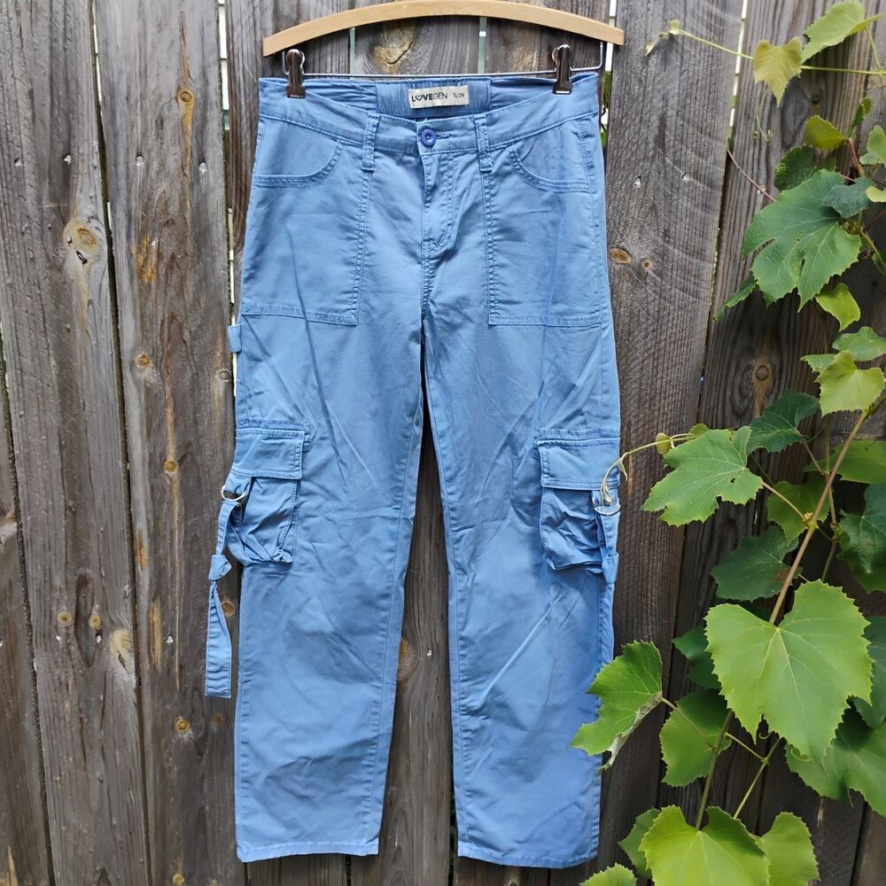 LoveGen Womens Cargo Pants Size 5/28 Light Blue Utility D-Ring Straps Straight